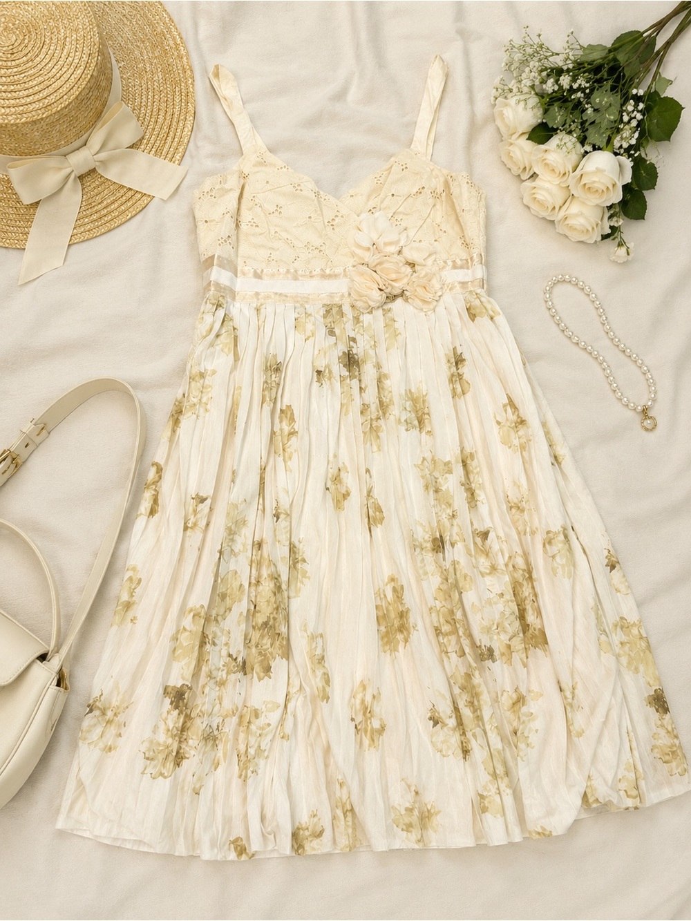 Deletta Cream Floral Babydoll Dress Cottagecore Coquette Small